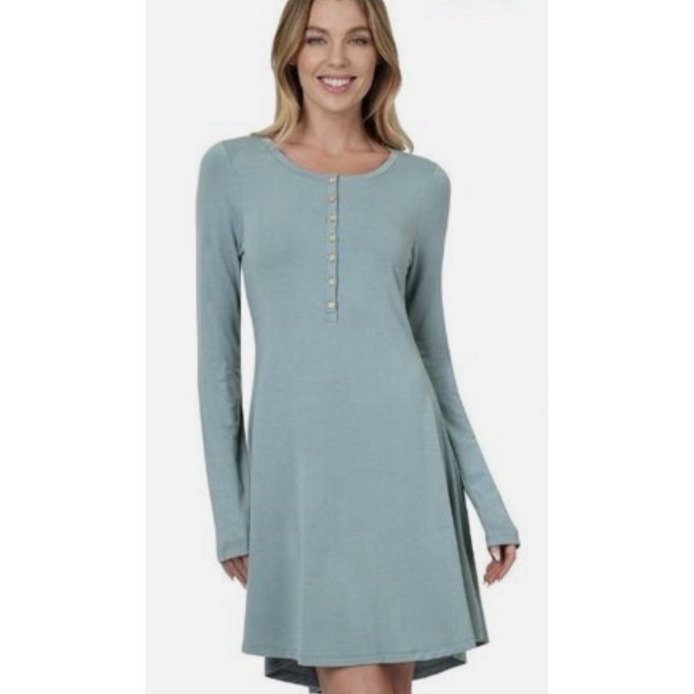 Zenana Women's Long Sleeve Button Down Babydoll‎ Skater Dress Round  Blue Small